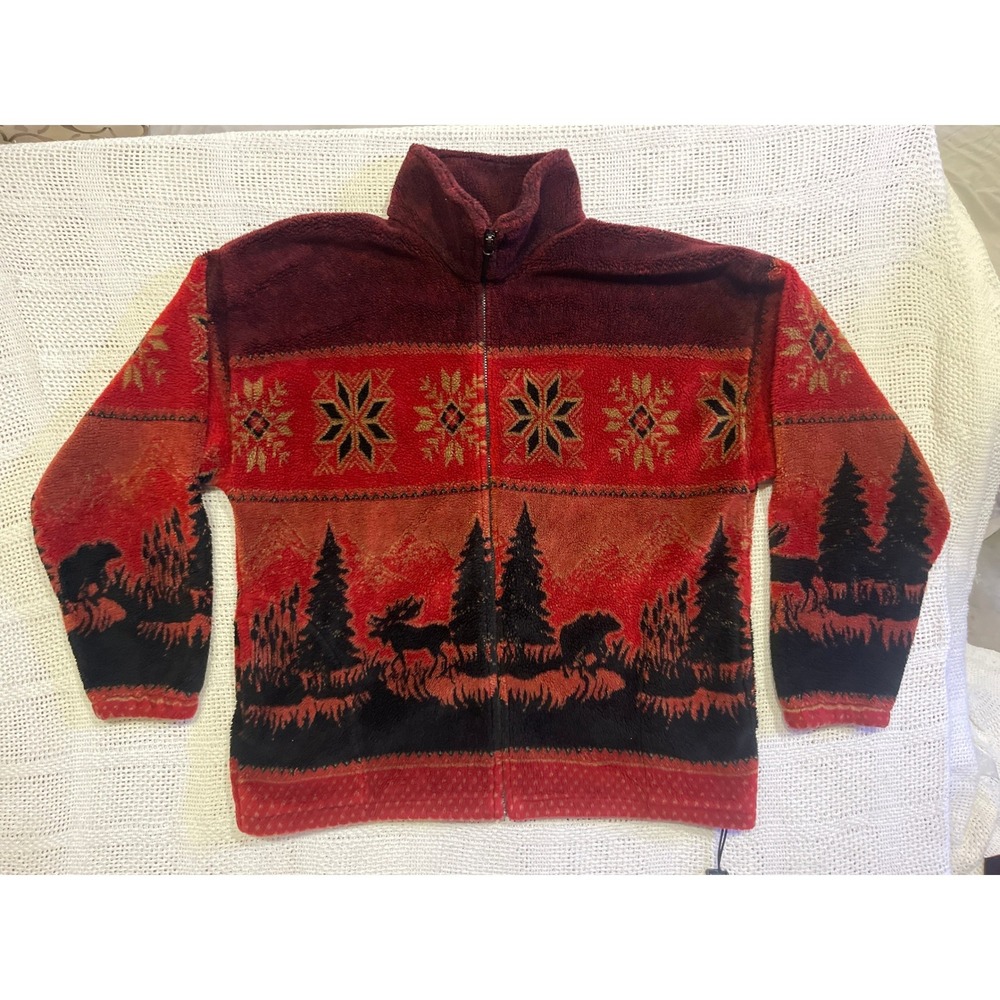Mazmania Fleece Jacket Mens L Red Black Moose Tree Snowflake Full Zip USA